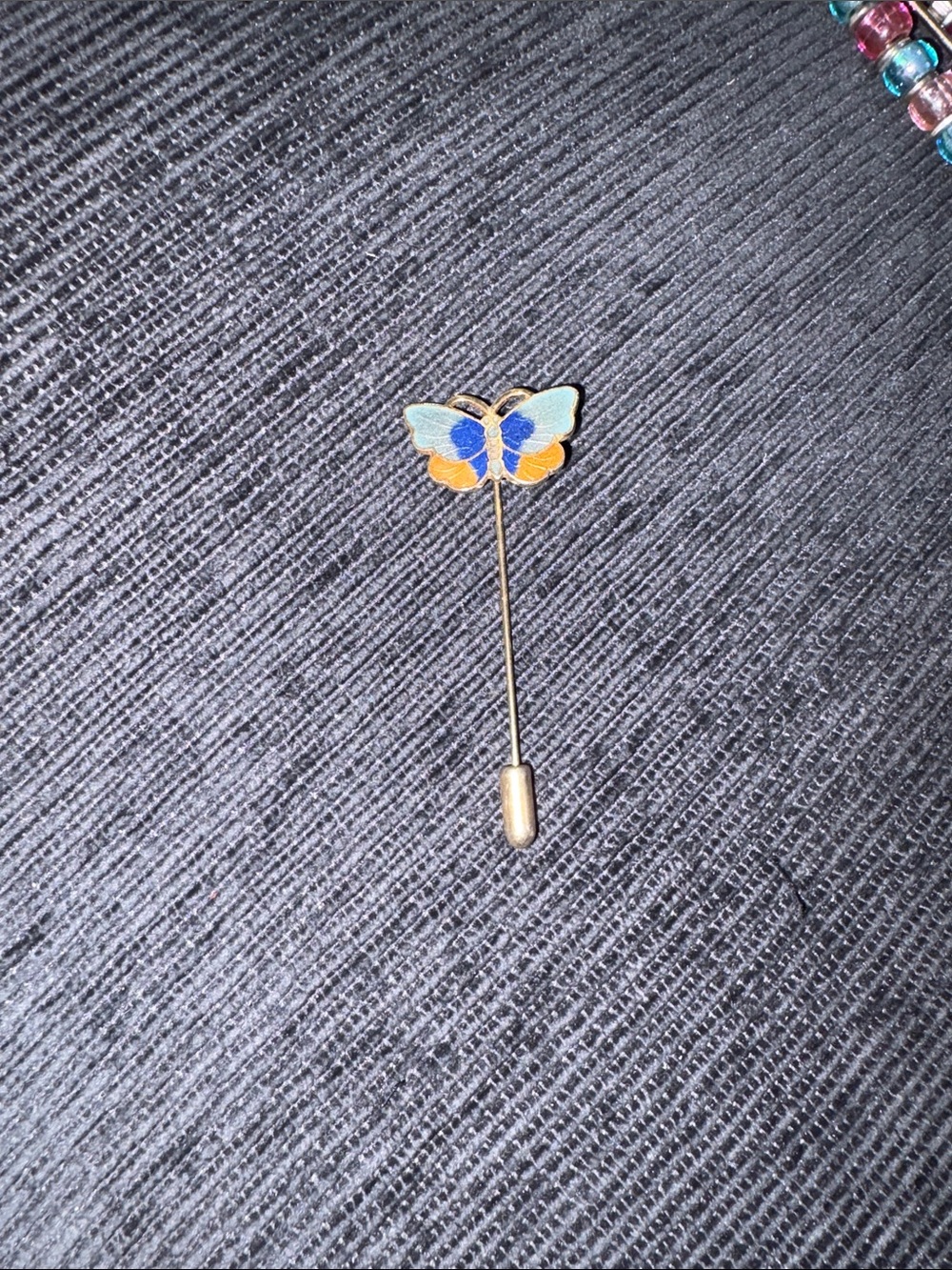 Vintage cloisonné Enamel Butterfly Stick Pin - Blue and Orange Accent